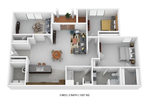 Floor plan for 3 beds, 2 baths, 1207 sqft